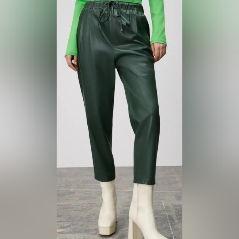 NWOT Zara Women's The Weekend Pants Faux Green Leather Drawstring Size Small